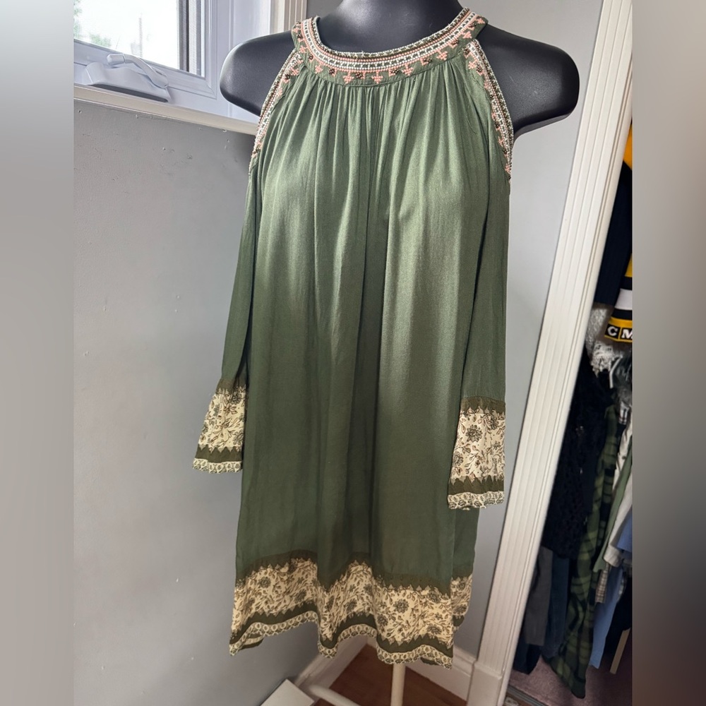 En Creme Green and Cream Mini Dress